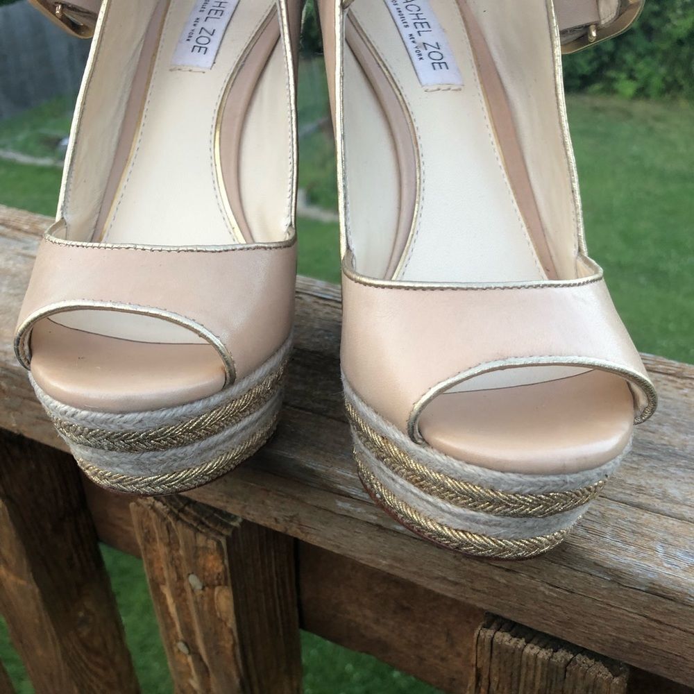 Rachel Zoe peep toe nude wedge buckle heels, size 7.5 - Picture 2 of 12